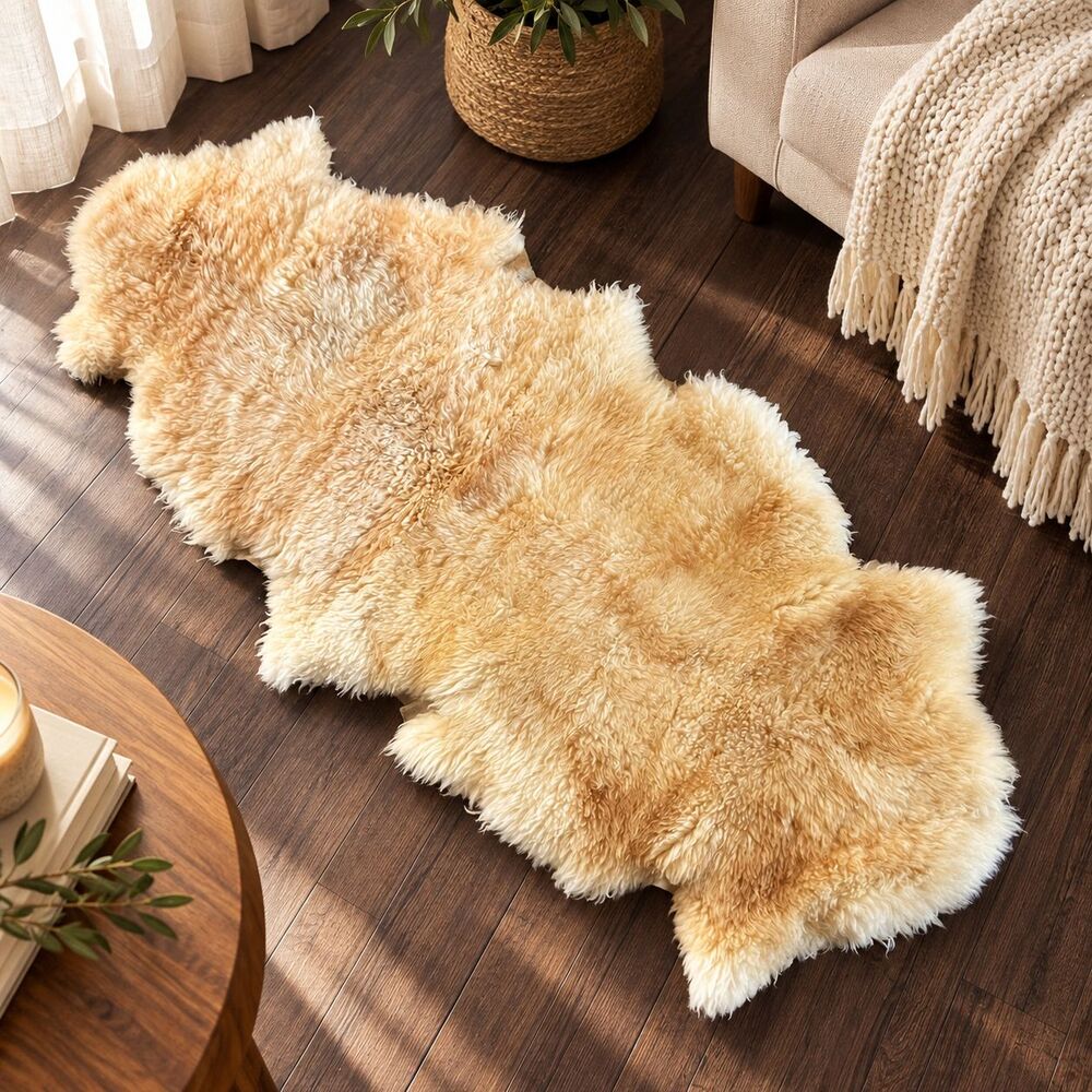 Genuine Australian Double Sheepskin Rug Natural Beige Sheep Hide Pelt Long Wool